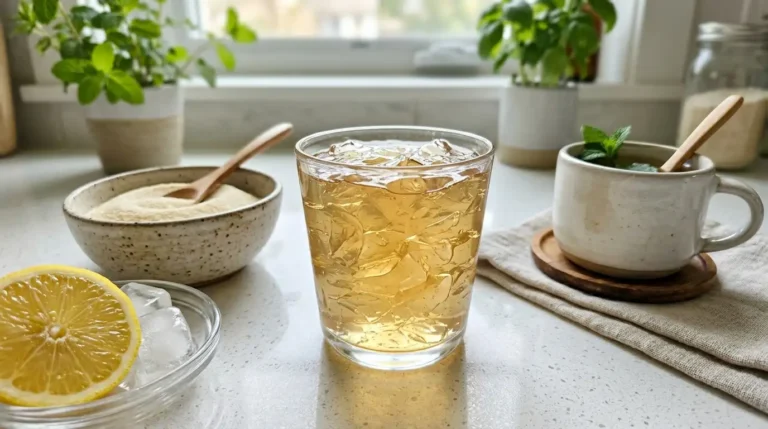 gelatin trick recipe for weight loss drink with gelatin, water, lemon, and ice