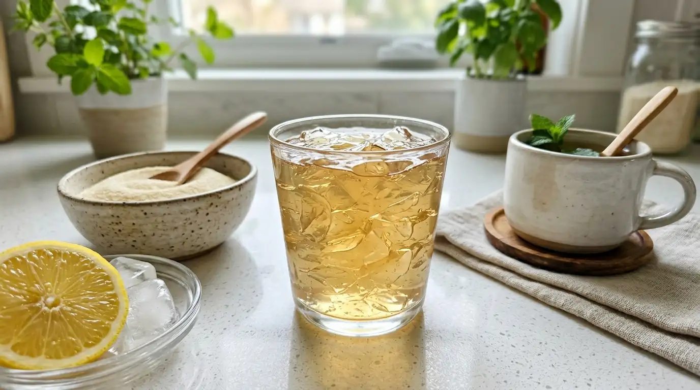 gelatin trick recipe for weight loss drink with gelatin, water, lemon, and ice