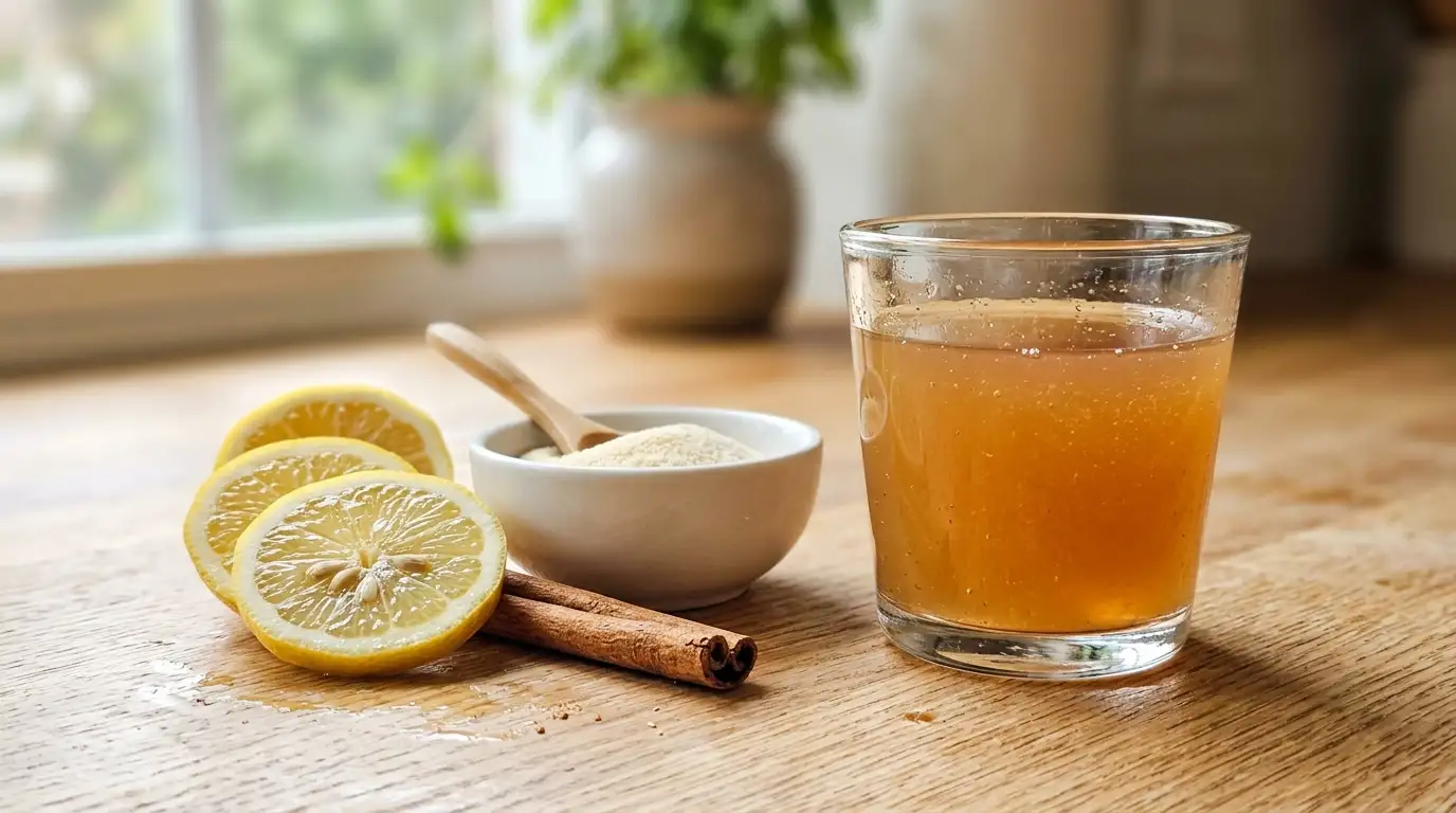 Gelatin metabolism drink with lemon and cinnamon for fat burning support