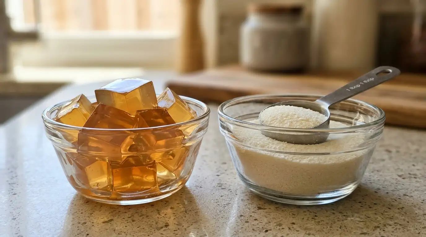 Gelatin vs collagen comparison with gelatin cubes and collagen powder